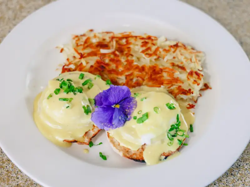 Biscuits topped with poached eggs and smothered in hollandaise sauce and green onions. Served with hashbrowns.