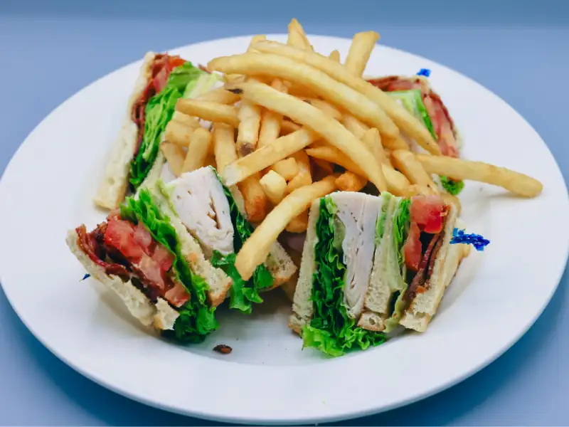 Three slices of toast with mayo, bacon, tomatoes, lettuce and turkey. Served with fries.